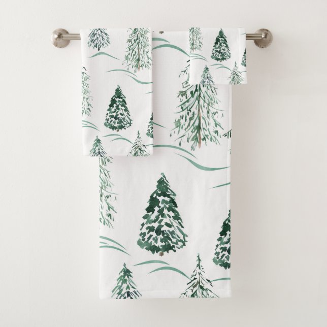 Aquarellfarbene Weihnachtsbäume. Winterwald. Badhandtuch Set (Insitu)