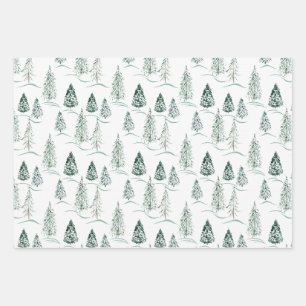 Aquarellfarbene Weihnachtsbäume. Winterwald. Geschenkpapier Set
