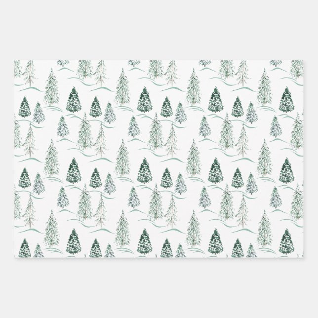Aquarellfarbene Weihnachtsbäume. Winterwald. Geschenkpapier Set (Vorderseite)