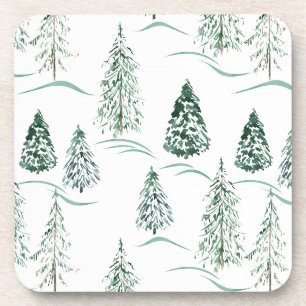 Aquarellfarbene Weihnachtsbäume. Winterwald. Getränkeuntersetzer