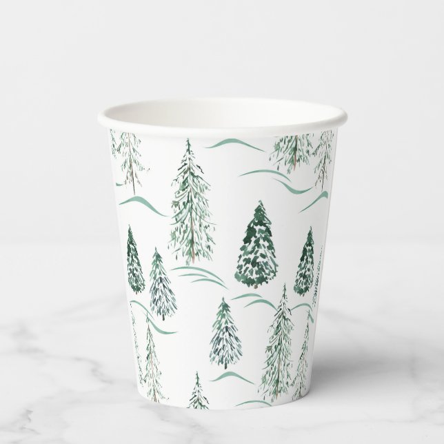 Aquarellfarbene Weihnachtsbäume. Winterwald.  Pappbecher (Rückseite)