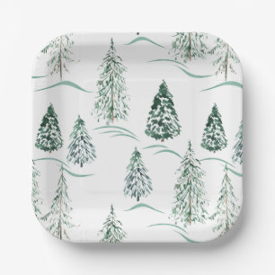 Aquarellfarbene Weihnachtsbäume. Winterwald. Pappteller