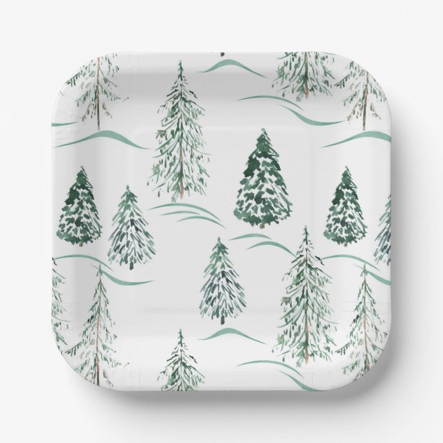 Aquarellfarbene Weihnachtsbäume. Winterwald. Pappteller (Vorderseite)