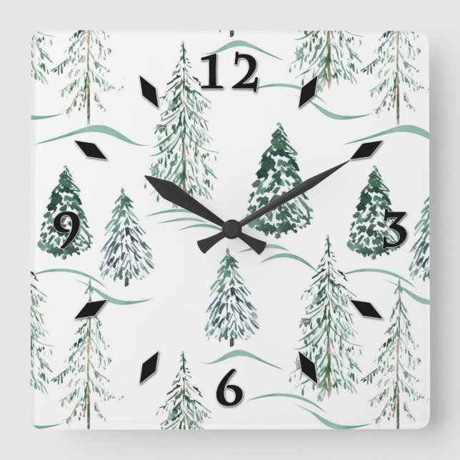Aquarellfarbene Weihnachtsbäume. Winterwald. Quadratische Wanduhr (Vorderseite)