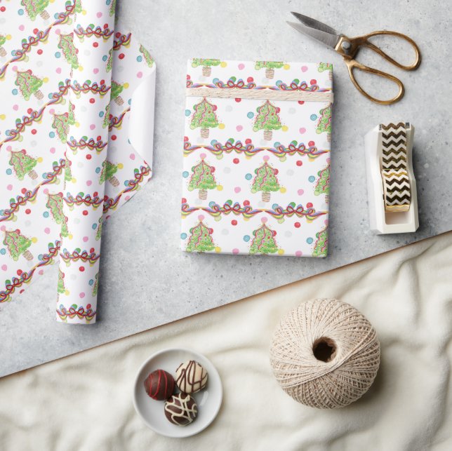 Aquarellfarbene Weihnachtskonfetti-Bow-Bäume Geschenkpapier (Kunsthandwerk)