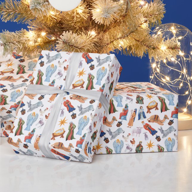 Aquarellfarbene Weihnachtskrippen Geschenkpapier (Feiertage)