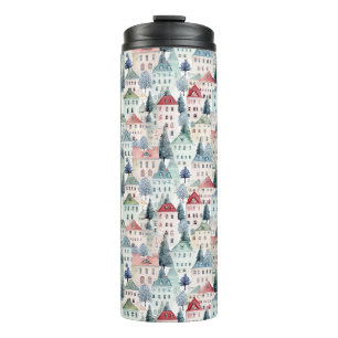 Aquarellfarbene Weihnachtsmuster Zuhause nahtlos. Thermosbecher