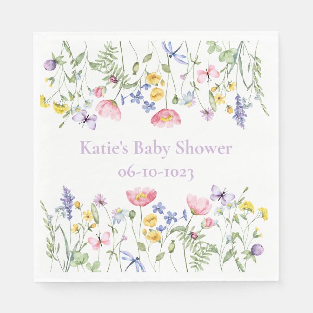 Aquarellfarbene Wildblume Babydusche Party Serviette (Vorderseite)