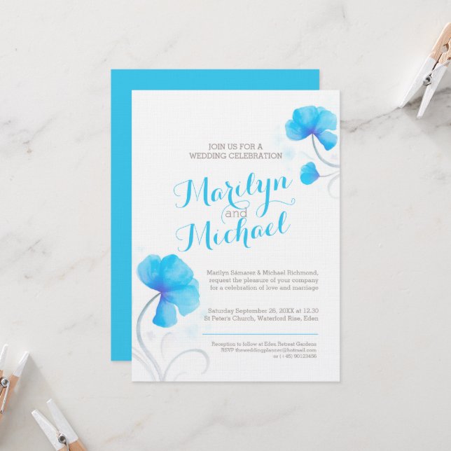 Aquarellfarbene Wildblume Blaugraue Hochzeit Einladung (Vorderseite/Rückseite Beispiel)