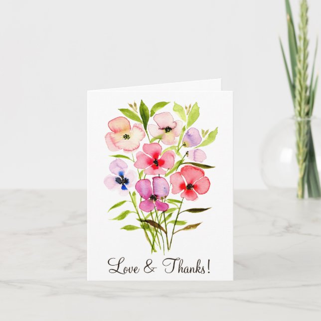 Aquarellfarbene Wildblume Bouquet mit Foto Hochzei Dankeskarte (Vorderseite)