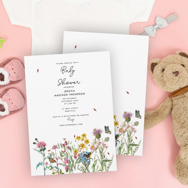 Aquarellfarbene Wildblume Insekten BläsernBaby-Dus Einladung (Watercolor Wildflower Insects Floral Baby Shower Invitation)
