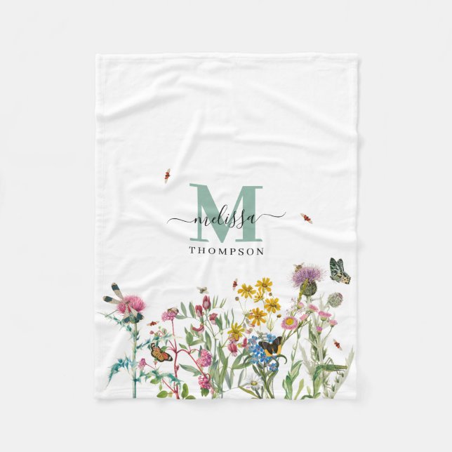 Aquarellfarbene Wildblume Insekten Blumengarten Fleecedecke (Vorderseite)