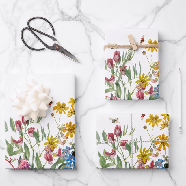 Aquarellfarbene Wildblume Insekten Blumengarten Geschenkpapier Set (Vorderseite)