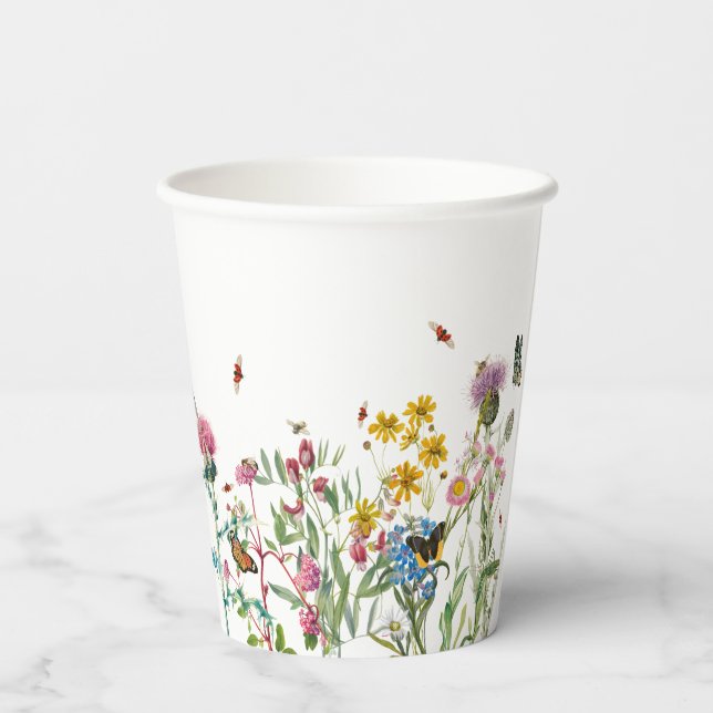 Aquarellfarbene Wildblume Insekten Blumengarten Pappbecher (Rückseite)