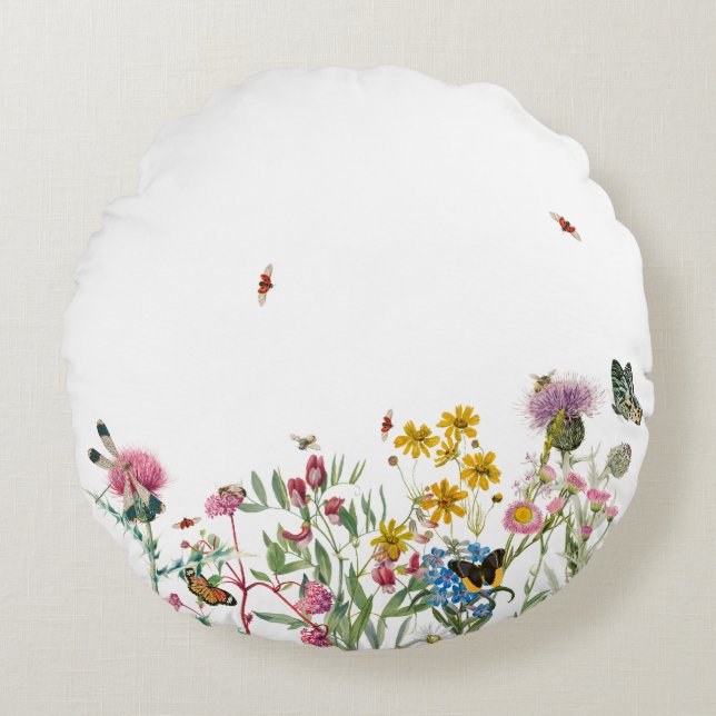 Aquarellfarbene Wildblume Insekten Blumengarten Rundes Kissen (Vorderseite)