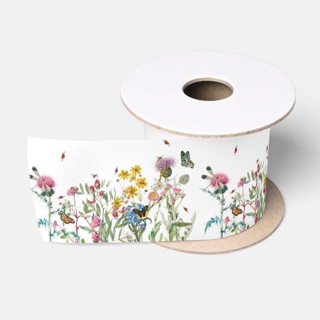 Aquarellfarbene Wildblume Insekten Blumengarten Satinband (Spule)