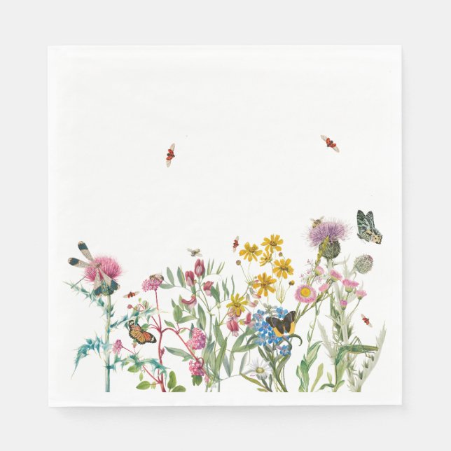 Aquarellfarbene Wildblume Insekten Blumengarten Serviette (Vorderseite)