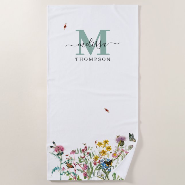 Aquarellfarbene Wildblume Insekten Blumengarten Strandtuch (Vorderseite)