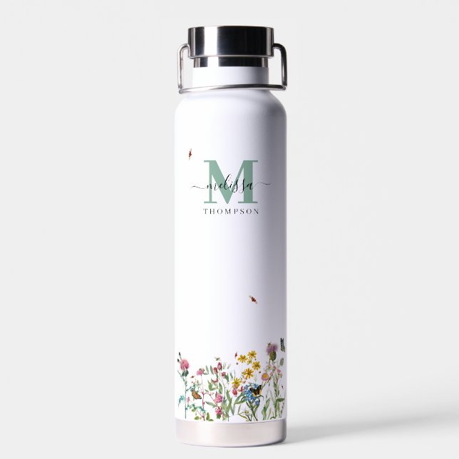 Aquarellfarbene Wildblume Insekten Blumengarten Trinkflasche (Rückseite)