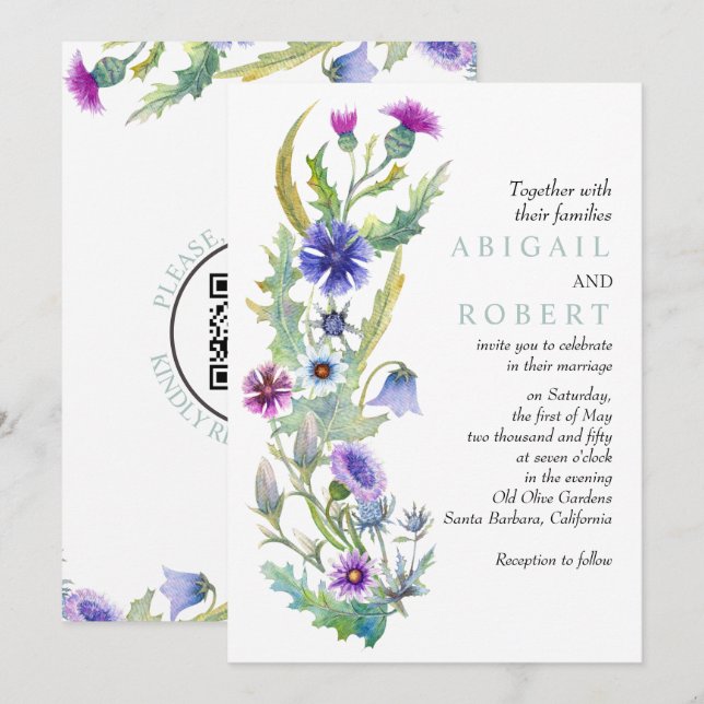 Aquarellfarbene Wildblume QR-Code Frühjahrshochzei Einladung (Vorne/Hinten)