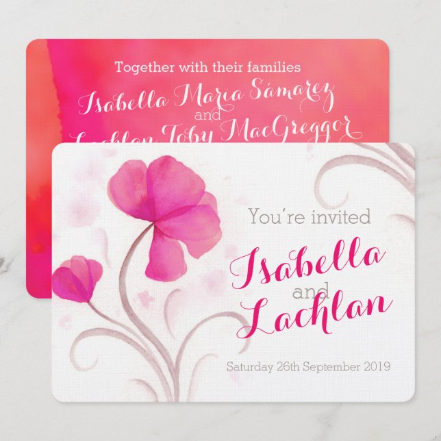 Aquarellfarbene Wildblume Rosa Hochzeit einladen Einladung (Vorne/Hinten)