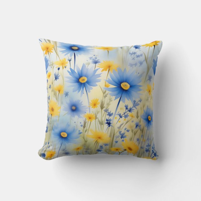 Aquarellfarbene Wildblumen auf Cornblumenblauer Kissen (Vorderseite)