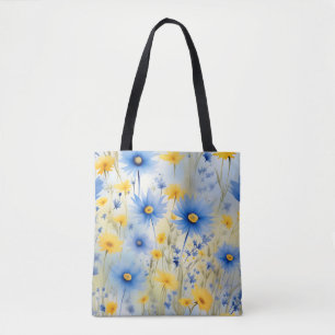 Aquarellfarbene Wildblumen auf Cornblumenblauer Tasche