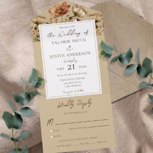 Aquarellfarbene Wildblumen Beige Hochzeit All In One Einladung