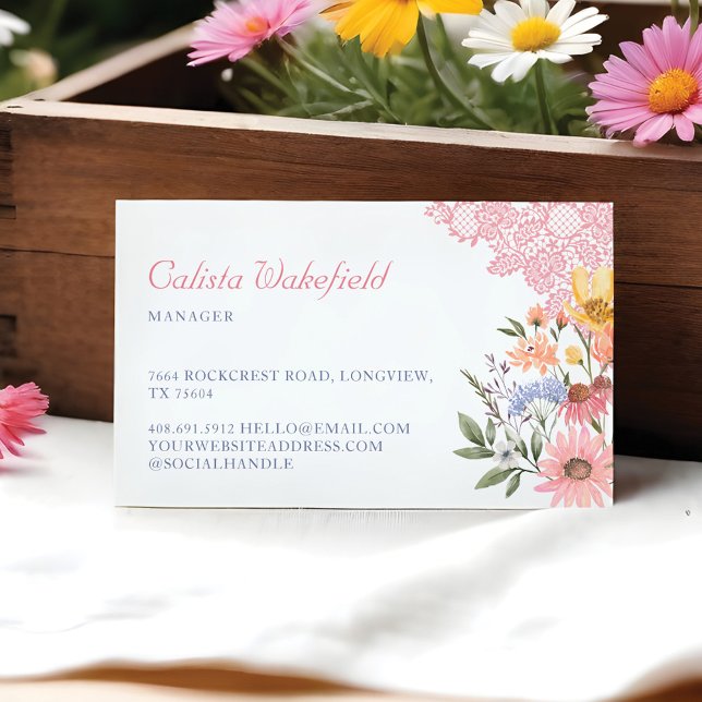 Aquarellfarbene Wildblumen Blume und Pink Lace Bus Visitenkarte (Watercolor Wildflowers Flowers & Pink Lace Busine Business Card)