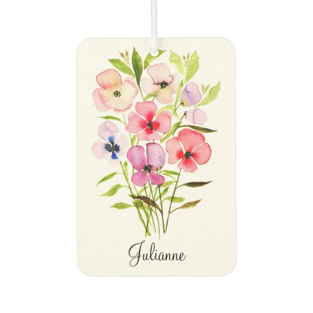 Aquarellfarbene Wildblumen BlumenBouquet mit Namen Autolufterfrischer (Vorderseite)