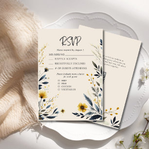 Aquarellfarbene Wildblumen Elegante Beige Hochzeit RSVP Karte