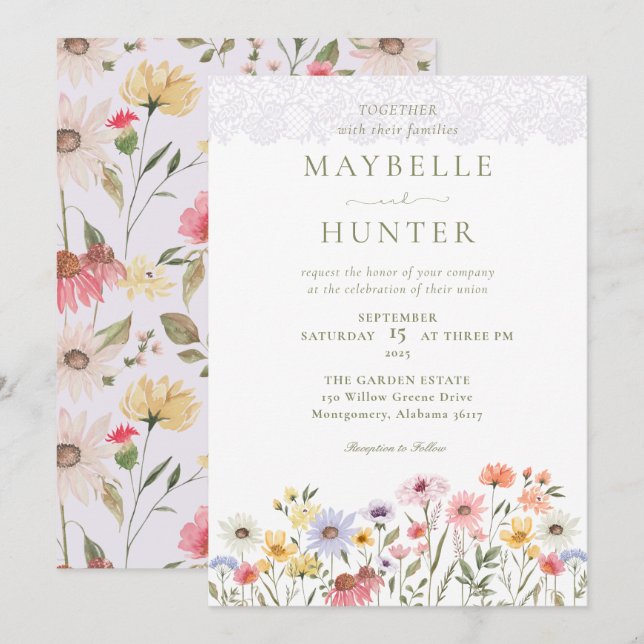 Aquarellfarbene Wildblumen, Foliage & Hochzeit Einladung (Vorne/Hinten)