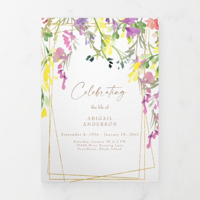 Aquarellfarbene Wildblumen Foto Beerdigung Program Dreifach Gefaltete Einladung (Cover)