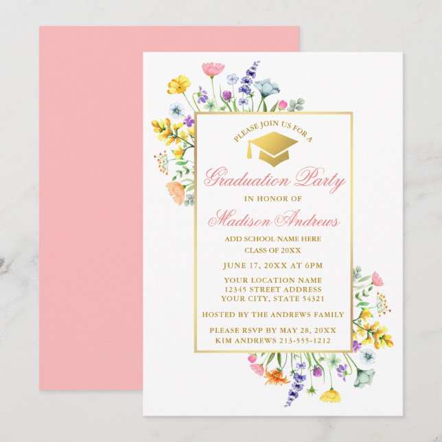 Aquarellfarbene Wildblumen Goldene rosa Graduierun Einladung (Vorne/Hinten)