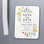 Aquarellfarbene Wildblumen Goldrahmen Save the Dat Magnet<br><div class="desc">Moderne Watercolor Wildblume Hochzeit Verlobung Ankündigung Save The Date Magnet umfasst zartes Gelb,  Rosa,  Pfirsich,  staubblaues Blau,  Salbei grün,  lila,  rot und orange wilde Blume,  Pupien,  Eukalyptus-Blätter und andere schöne botanische Vegetation auf einem goldenen Rahmen.</div>