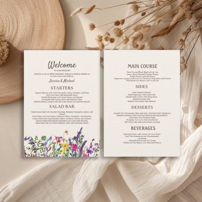 Aquarellfarbene Wildblumen Hochzeitsempfang Menükarte (Watercolor wildflowers wedding reception 5"x7" menu)