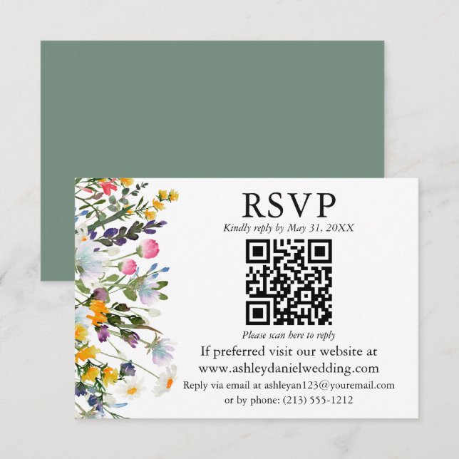 Aquarellfarbene Wildblumen Hochzeitssage Green QR  Karte (Vorne/Hinten)