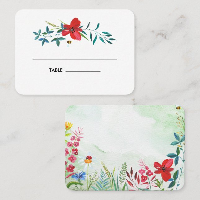 Aquarellfarbene Wildblumen Hochzeittisch-Platzkart Platzkarte (Vorne/Hinten)