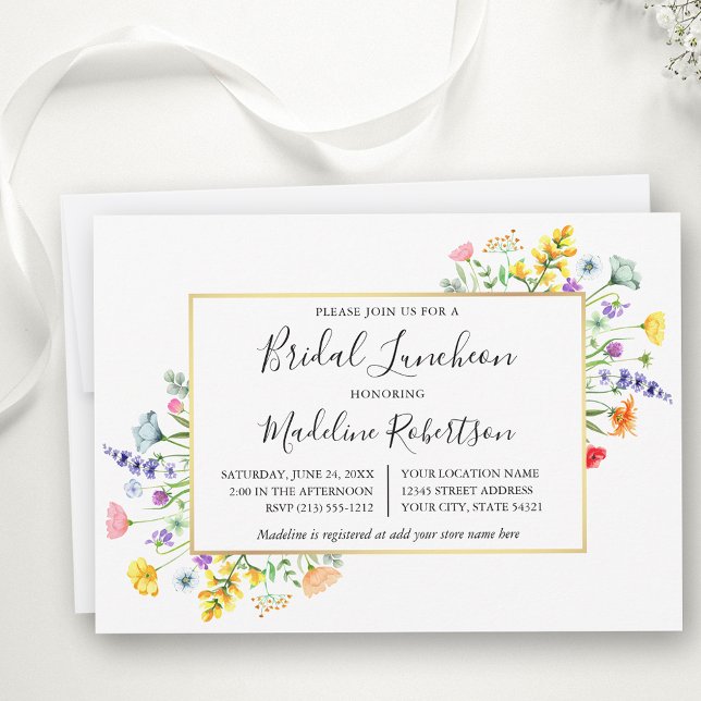 Aquarellfarbene Wildblumen Kalligraphie Bridal Lun Einladung (Customize to change text color or text style.)
