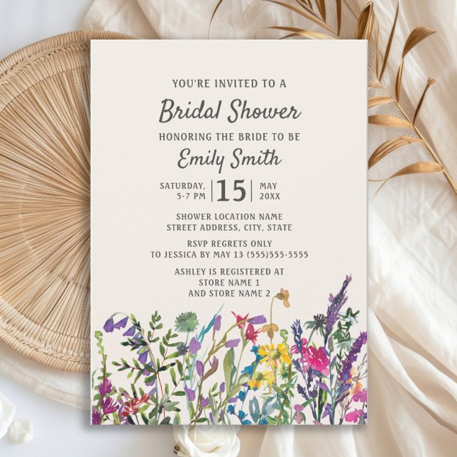 Aquarellfarbene Wildblumen Lila Brautparty Einladung (Watercolor wildflower bridal shower invitation)