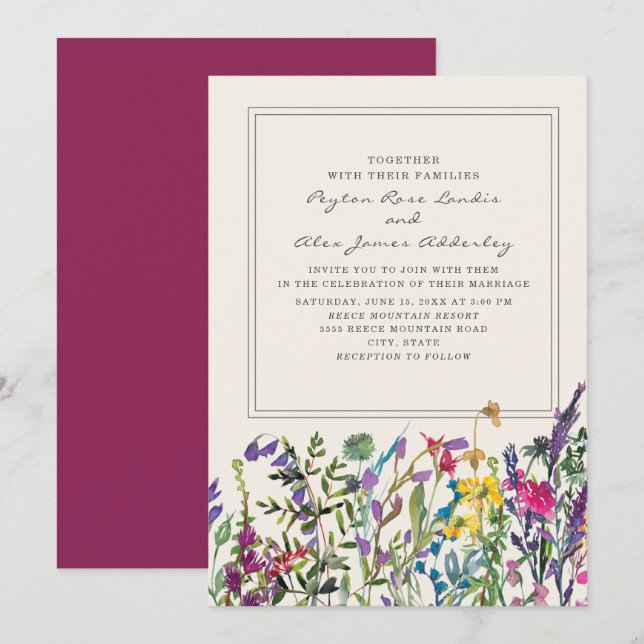 Aquarellfarbene Wildblumen Lila Hochzeit Einladung (Vorne/Hinten)