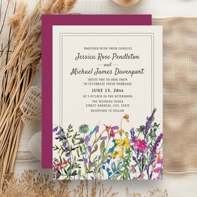 Aquarellfarbene Wildblumen Lila Hochzeit Einladung (Watercolor wildflowers wedding invitation)