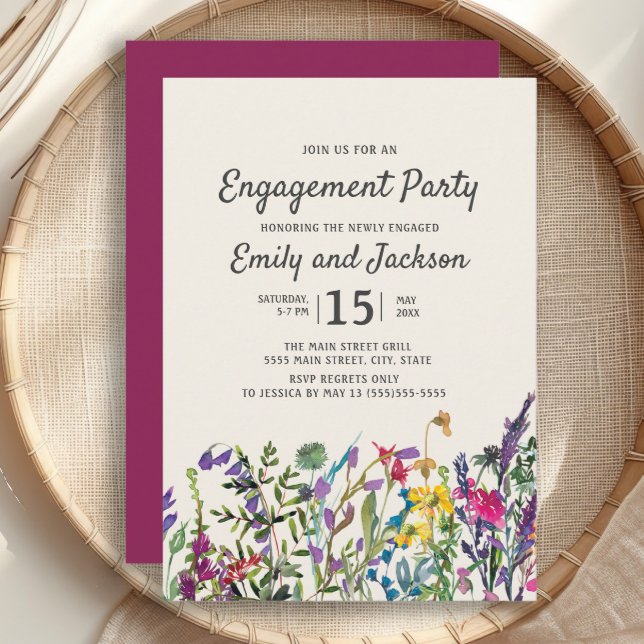 Aquarellfarbene Wildblumen Lila Verlobung Einladung (Watercolor wildflowers engagement party invitation)