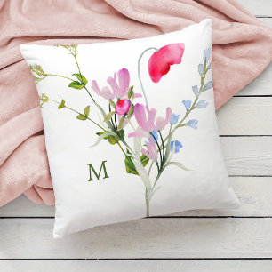 Aquarellfarbene Wildblumen mit Monogramm Kissen