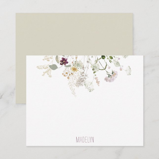Aquarellfarbene Wildblumen Personalisierte Flachno Mitteilungskarte (Vorne/Hinten)