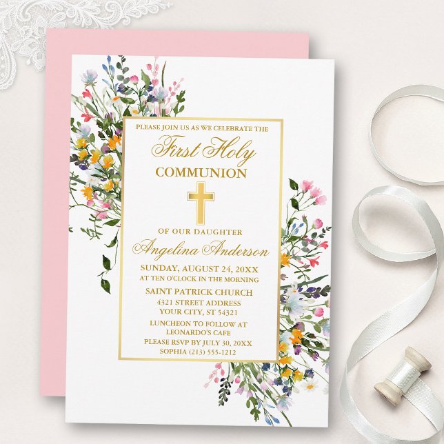 Aquarellfarbene Wildblumen Rosa Blush Gold Einladung (Customize to change text color, style, add text & photos to back or change color of back of card.)
