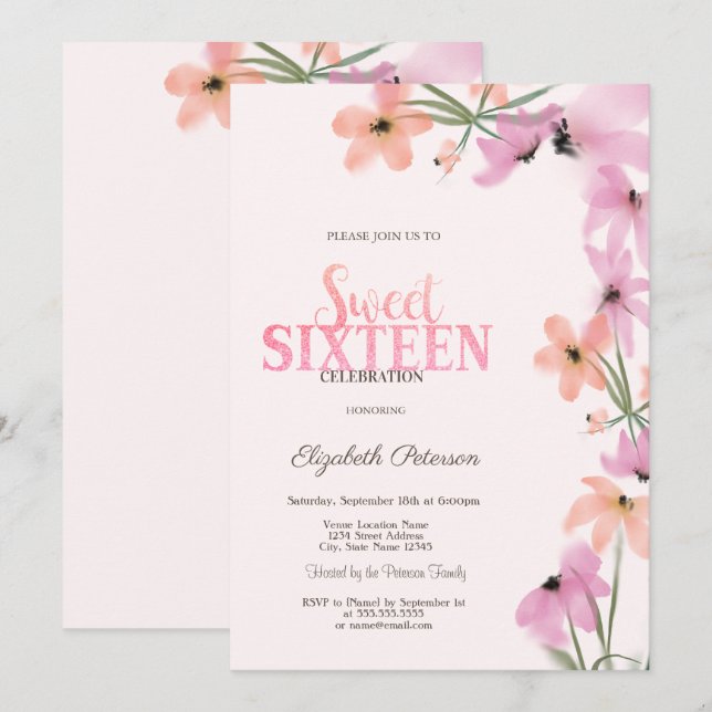 Aquarellfarbene Wildblumen Rosa Boho Blume Süß 16 Einladung (Vorne/Hinten)