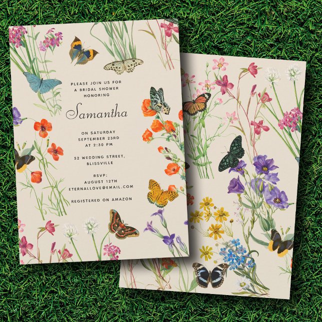 Aquarellfarbene Wildblumen Schmetterlinge Brautpar Einladung (Watercolor Wildflowers Butterflies Bridal Shower Invitation)