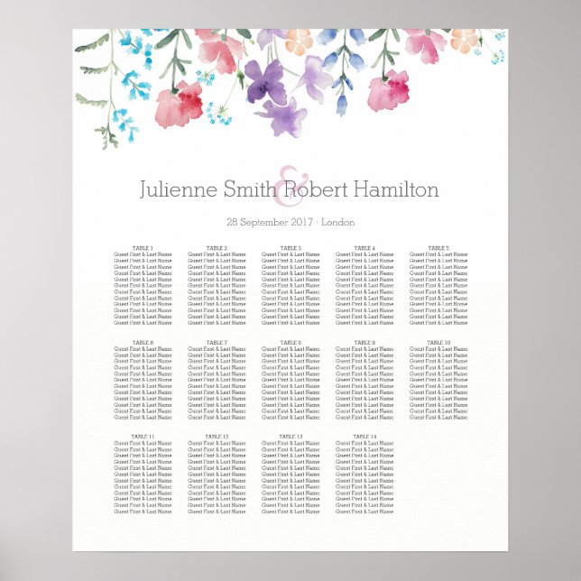 Aquarellfarbene Wildblumen Sitzplan 14 Tabellen Poster (Vorne)