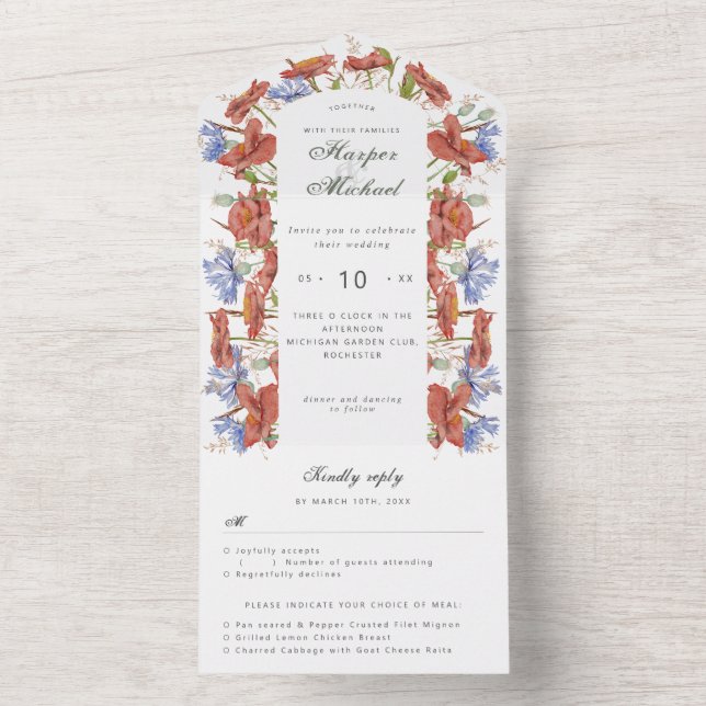 Aquarellfarbene Wildblumen uAwg Hochzeit All In One Einladung (Innen Boden)